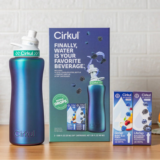 Cirkul 32oz Chameleon Stainless Steel Starter Kit with Chameleon Cirkul Lid 2.0 and 2 Flavor Cartridges (Blackberry Blueberry & Berry Blue Punch)