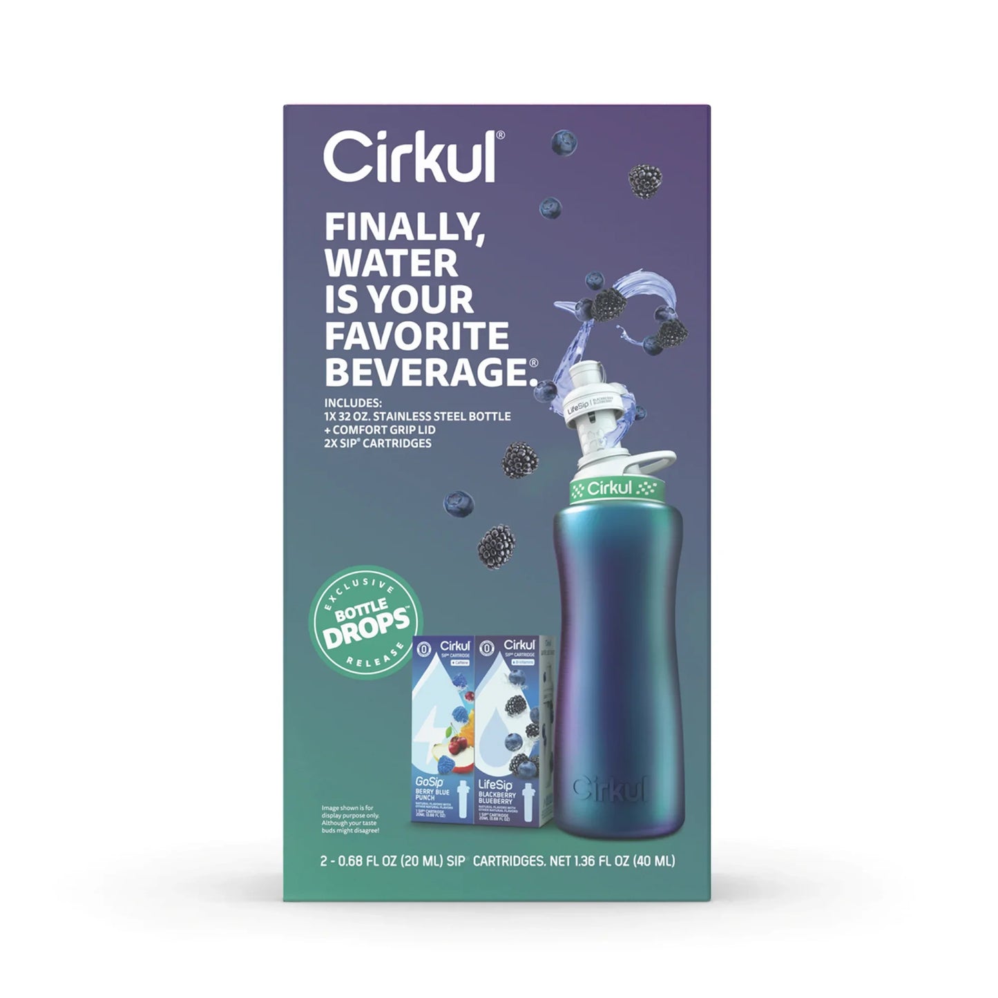Cirkul 32oz Chameleon Stainless Steel Starter Kit with Chameleon Cirkul Lid 2.0 and 2 Flavor Cartridges (Blackberry Blueberry & Berry Blue Punch)