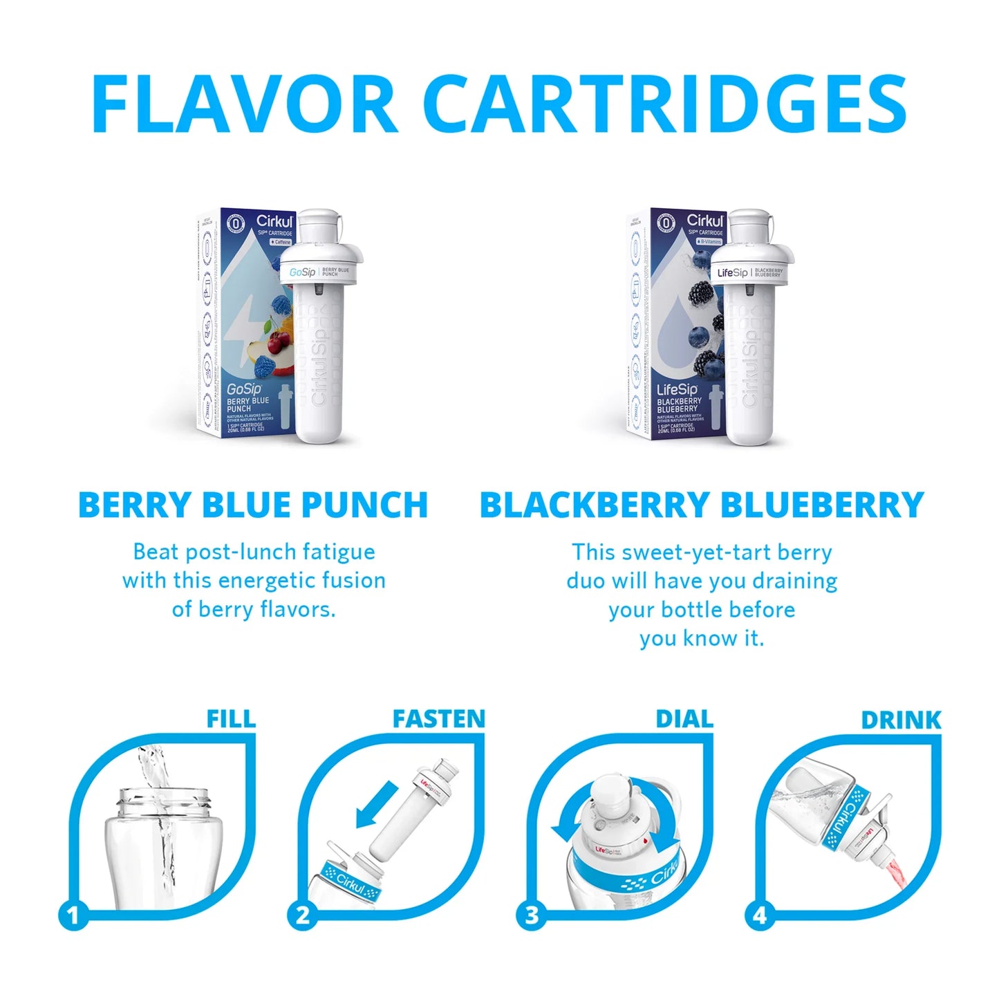 Cirkul 32oz Chameleon Stainless Steel Starter Kit with Chameleon Cirkul Lid 2.0 and 2 Flavor Cartridges (Blackberry Blueberry & Berry Blue Punch)