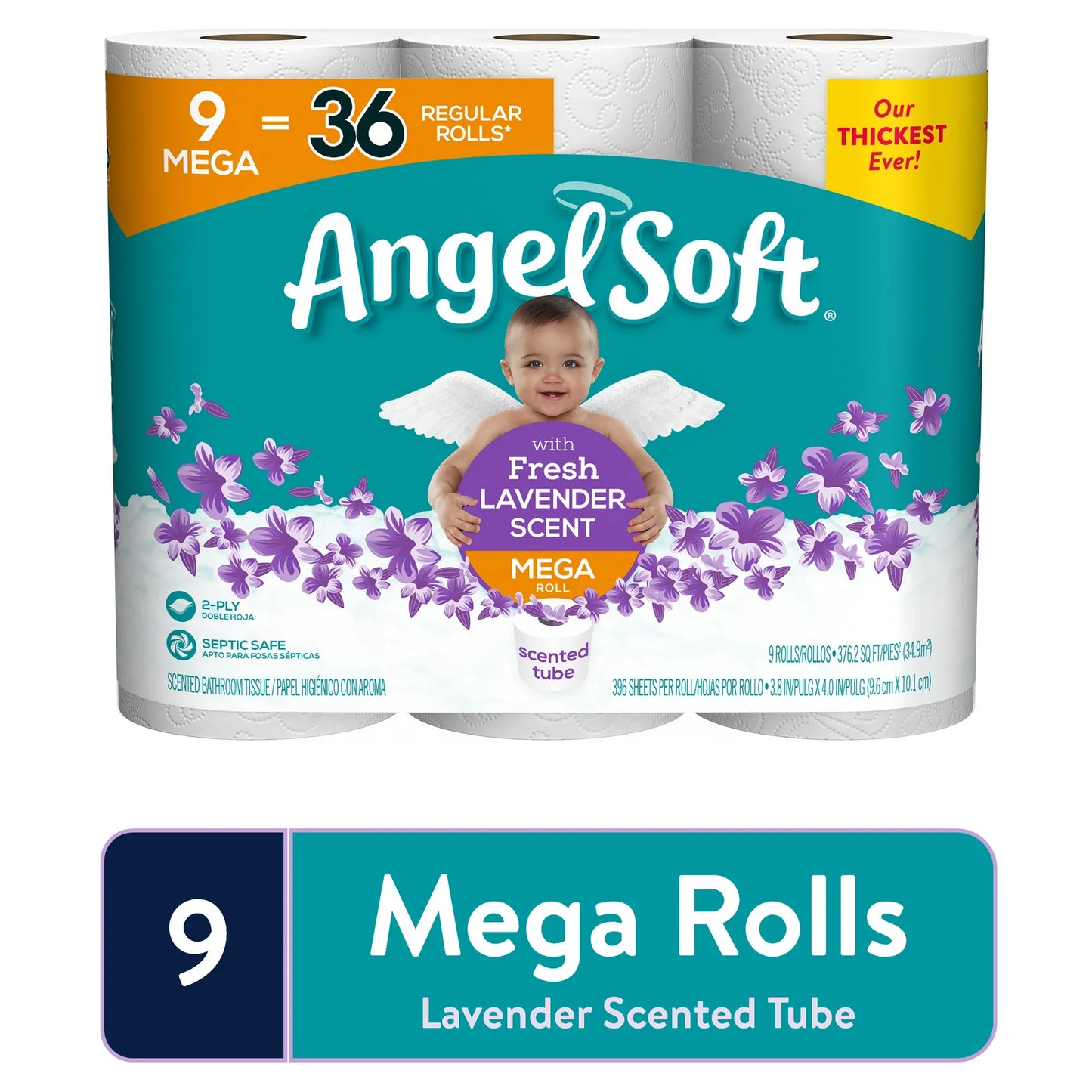 Angel Soft Toilet Paper, Lavender, 9 Mega Rolls (= 36 Regular Rolls)