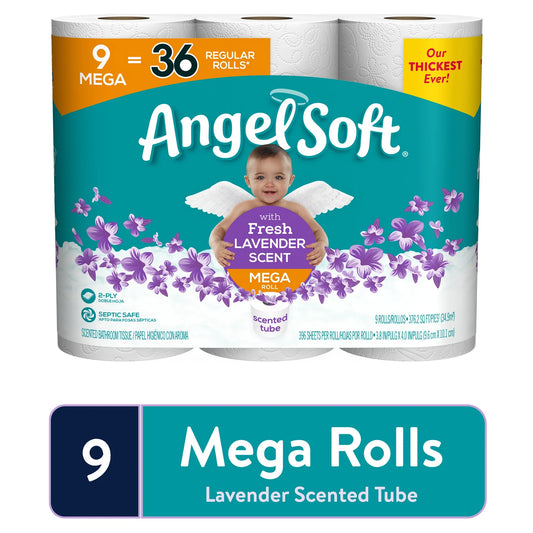 Angel Soft Toilet Paper, Lavender, 9 Mega Rolls (= 36 Regular Rolls)