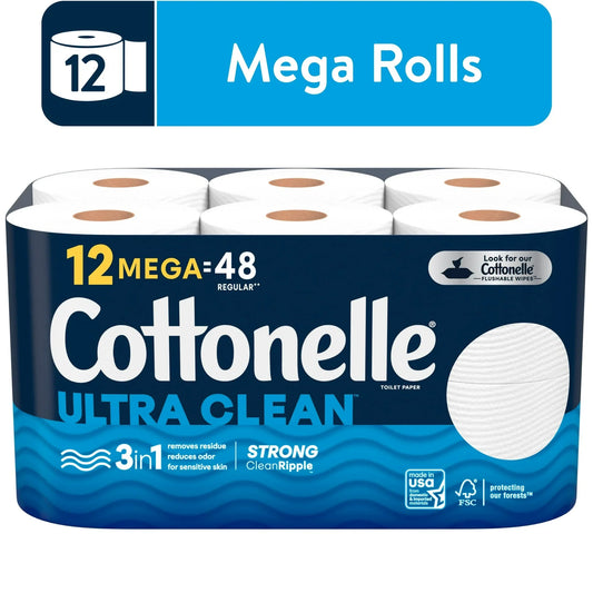 Cottonelle Ultra Clean Toilet Paper, Strong Toilet Tissue, 12 Mega Rolls