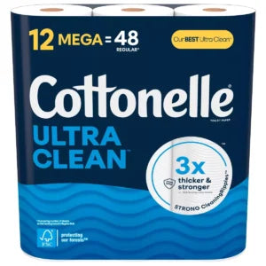 Cottonelle Ultra Clean Toilet Paper, Strong Toilet Tissue, 12 Mega Rolls
