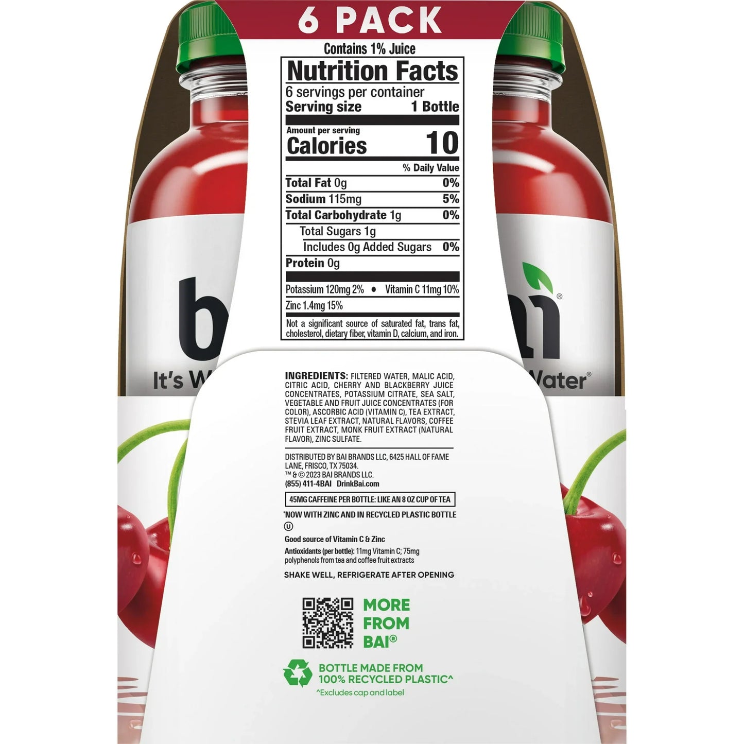 Bai Zambia Bing Cherry Antioxidant Infused Water Beverage, 14 fl oz, 6 Pack Bottles